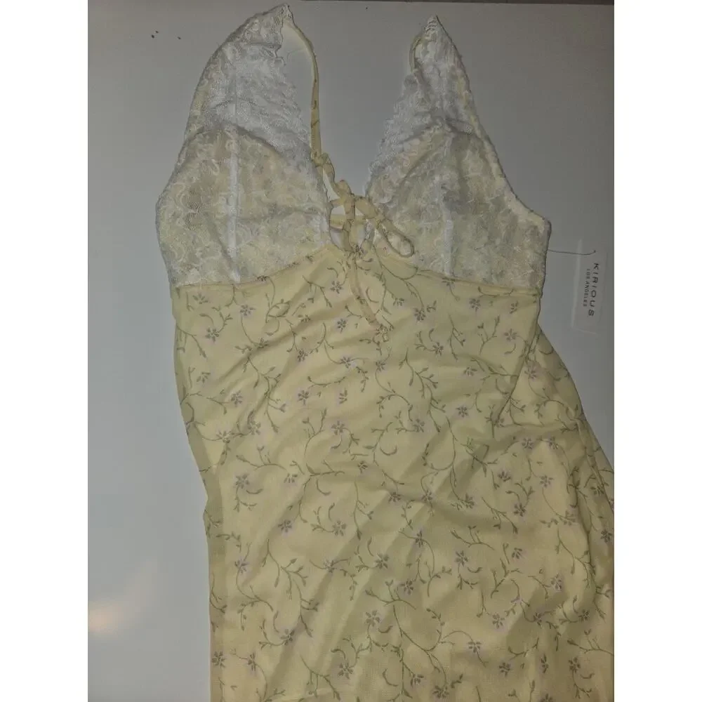 Kirious Los Angeles XL Yellow Floral Lace Maxi Dress Cottagecore Coquette Slit